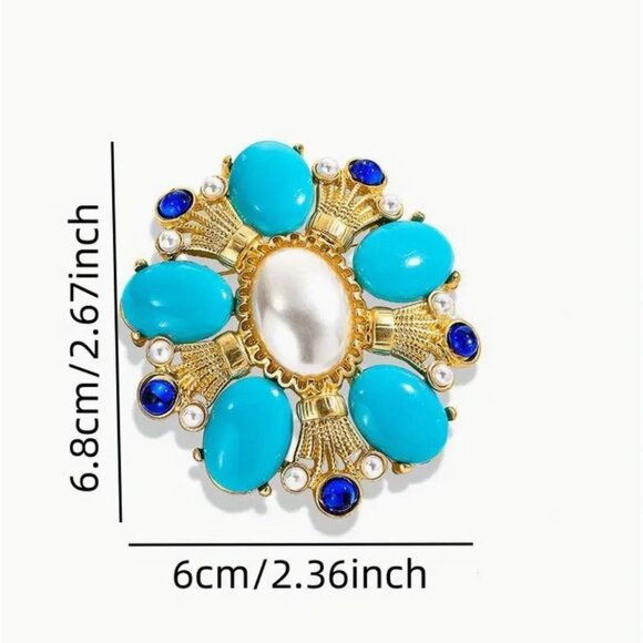 Vintage Inspired Gold-Tone Brooch With Blue & Pearly White Cabochons - Picture 3 of 3